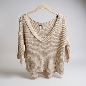 Free People Women's Large V Neck Knit Sweater 3/4 Sleeve Beige Cotton Blend